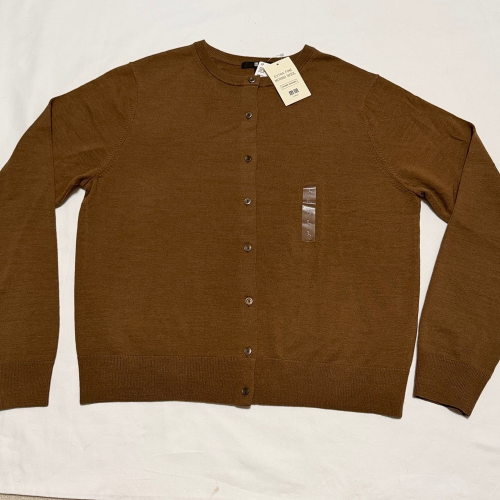 Uniqlo Brown Cardigan Sweater Extra Fine Merino Wool L NWT
